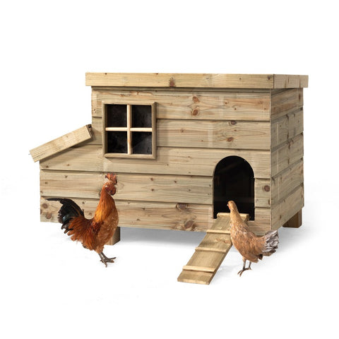 Bella_Voliere_Voldux_onderhoudsvrij_klein_kip_geimpregneerd_hout_duurzaam_vlucht_zitstok_voedersysteem_vogels_gaas_uitkijk_raam_trap_Bella_Kippenhok