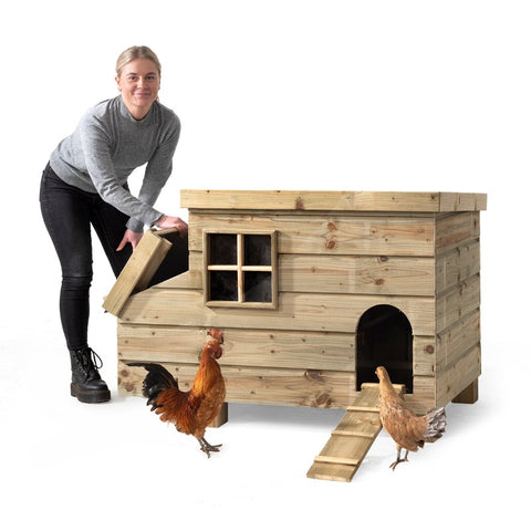 Bella_Voliere_Voldux_onderhoudsvrij_klein_kip_geimpregneerd_hout_duurzaam_vlucht_zitstok_voedersysteem_vogels_vrouw_eigenaar_zijdak_zij_opening_uitkijk_raam_trap_Bella_Kippenhok