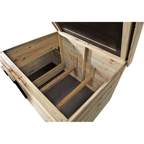 Bella_Voliere_Voldux_onderhoudsvrij_klein_kip_geimpregneerd_hout_duurzaam_vlucht_zitstok_vogels_binnenkant_open_dak_Bella_Kippenhok