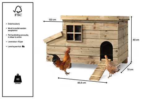 Bella_Voliere_Voldux_onderhoudsvrij_klein_kip_geimpregneerd_hout_duurzaam_vlucht_zitstok_voedersysteem_vogels_gaas_uitkijk_raam_trap_maat_afmetingen_lengte_hoogte_grootte_Bella_Kippenhok