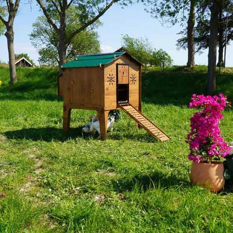 Kippenhok Cucciolotta in weiland zij aanzicht kippen