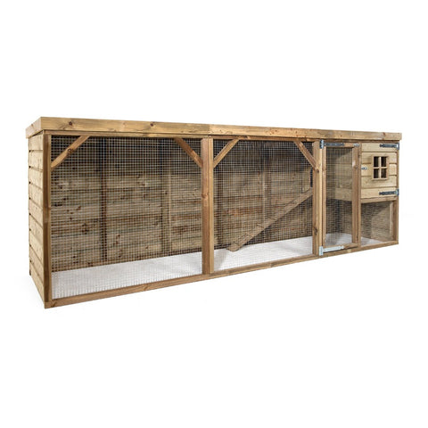 Voliere_Voldux_onderhoudsvrij_geimpregneerd_hout_duurzaam_vlucht_zitstok_draaibaar_voedersysteem_vogels_gaas_groot_lang_linkerkant_Adri_Kippenhok