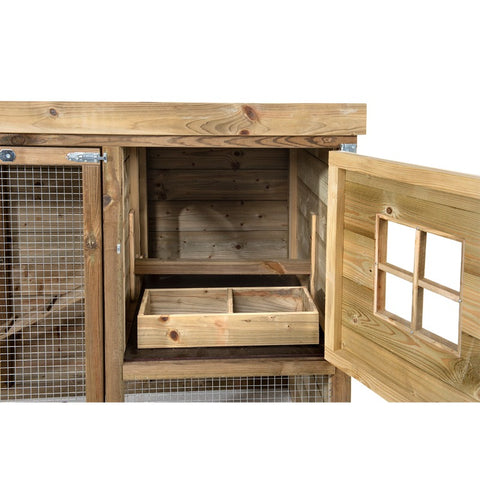 Voliere_Voldux_onderhoudsvrij_geimpregneerd_hout_duurzaam_vlucht_zitstok_draaibaar_voedersysteem_vogels_gaas_groot_binnenkant_verdieping_gat_opening_slaapplek_voedersysteem_voeding_zitstok_twee_bakken_opening_Adri_Kippenhok