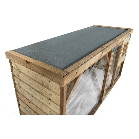 Voliere_Voldux_onderhoudsvrij_geimpregneerd_hout_duurzaam_vlucht_zitstok_draaibaar_voedersysteem_vogels_gaas_groot_bovenkant_dak_overdekking_veilig_Adri_Kippenhok