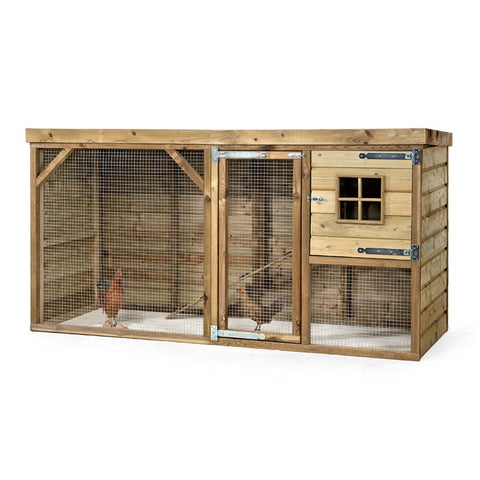 Kippenhok_Daisy_Voldux_onderhoudsvrij_geimpregneerd_hout_duurzaam_vlucht_zitstok_2deuren_1verdieping_vogels_gaas_Kippenhok_Daisy