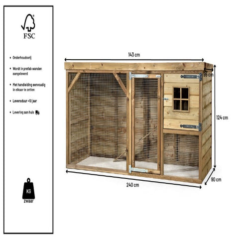 Kippenhok_Daisy_Voldux_onderhoudsvrij_geimpregneerd_hout_duurzaam_vlucht_zitstok_2deuren_1verdieping_vogels_gaas_kip_afmetingen_centimeters_grootte_lengte_levertijd_fsc_143x124x90_veilig_Kippenhok_Daisy