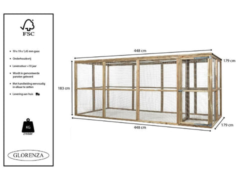 Houten kippenren Adam Glorenza met sluis - 448x179x183cm