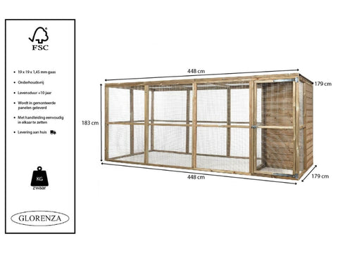 Houten Volière Koen Glorenza met Sluis van Gaas en Nachthok - 448x179x183cm