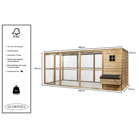 Houten kippenren Luuk XL Glorenza met groot Nachthok en Legnest - 448x179x183cm
