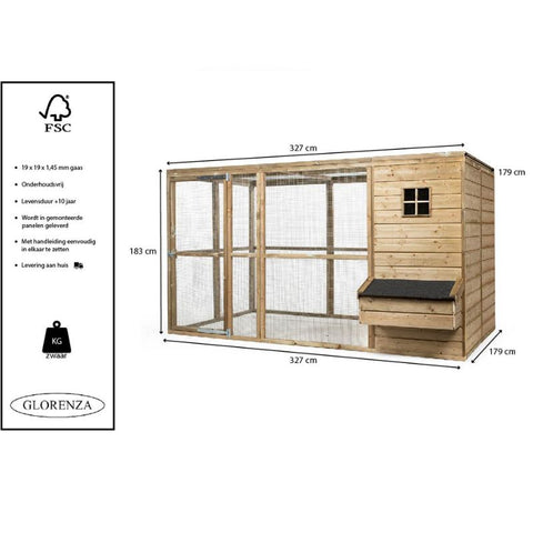 Houten kippenren Luuk Glorenza met groot nachthok en legnest - 327x179x183cm