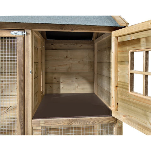 Konijnenhok_konijnenvilla_douglas_geimpregneerd_hout_zweeds_rabat_nachthok_ren_buitenren_duurzaam_onderhoudsvrij_voldux_marterproof_gaas_vlaamse_reus_raam_opening_slaapplek_veilig_Sanne