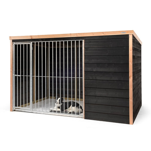 Hondenhok_kennel_douglas_geimpregneerd_hout_zweeds_rabat_nachthok_duurzaam_onderhoudsvrij_voldux_bordercollie_groot_ruimte_Rex