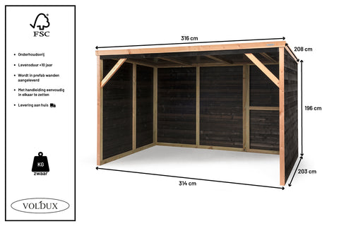 Specificaties schuilstal Voldux Oktober. Gemaakt van duurzaam geïmpregneerd hout. 