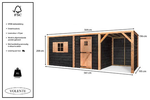 Kippenhok met Schuilstal en houten schuur Volente Jan - 564x196x208cm