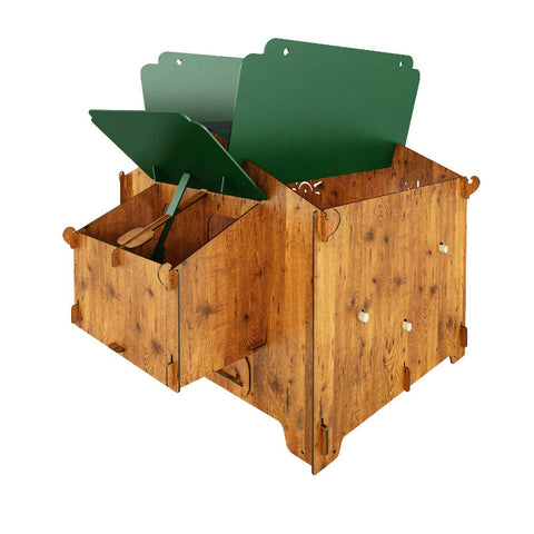 Zij en achteraanzicht kippenhok Chalet 2XL met slimme ventilatieopeningen. legbak. dak opgeklapt