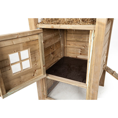 Hooiberg_konijnenhok_konijnenvilla_groot_geimpregneerd_hout_zweeds_rabat_nachthok_ren_buitenren_duurzaam_onderhoudsvrij_Glorenza_marterproof_gaas_vlaamse_reus_achtergrond_tuin_waterbestendig_regen_dakleer_ingang_ruimte_opening_deur_zitstok_Sterre