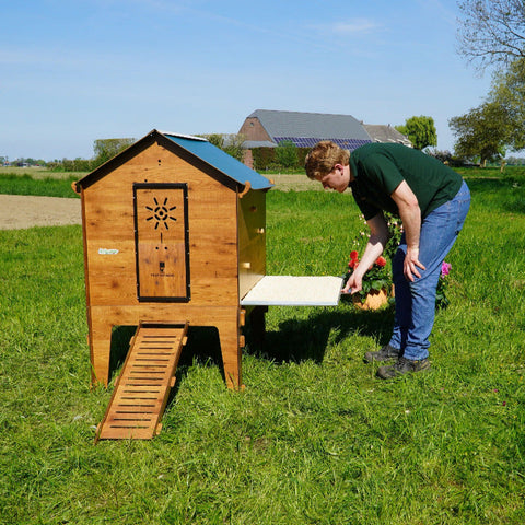 Chalet 2XL kippenhok voor 8 tot 10 kippen met legnest en stijlvolle houtlook afwerking. buiten zijaanzicht