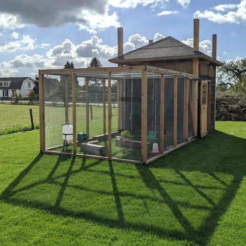 Complete hooiberg Kippenhok An in XL. Foto genomen vanuit achterkant ren.