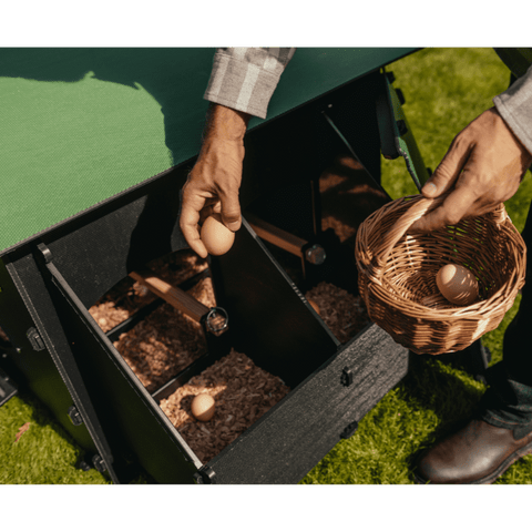 Nestera kunststof kippenhok groot sfeerfoto bovenaanzicht met geopend zijcompartiment, iemand houdt een ei en een mand met een ei vast.